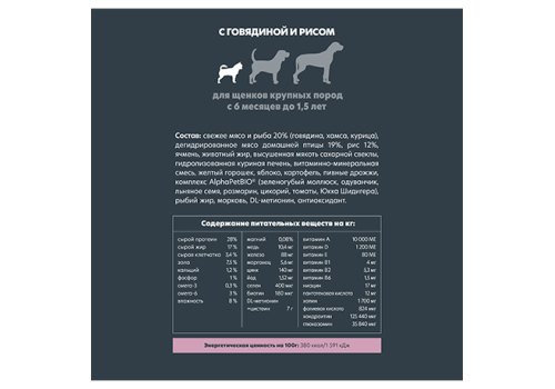 AlphaPet Junior Superpremium / Сухой корм АльфаПет для Щенков Крупных пород с 6 месяцев до 1,5лет Говядина рис