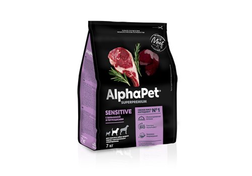 AlphaPet Superpremium Sensitive / Сухой корм АльфаПет для взрослых собак Средних пород Баранина потрошки