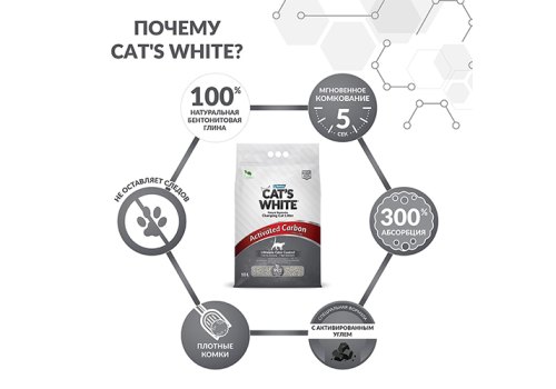 Cat's White Activated Carbon Unscented / Комкующийся наполнитель Кэтс Уайт для кошачьего туалета с Активированным углем без аромата