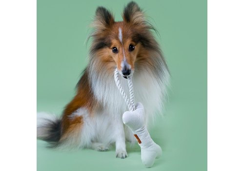 Mr.Kranch / Игрушка Мистер Кранч для собак Мелких и Средних пород Косточка с канатом Бежево-пятнистая