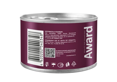 Award Adult / Влажный корм Авард для взрослых собак Паштет из Утки с брусникой (цена за упаковку)