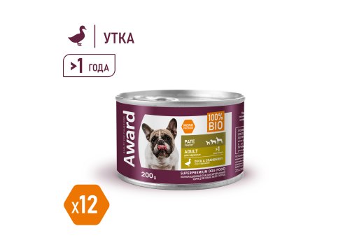 Award Adult / Влажный корм Авард для взрослых собак Паштет из Утки с брусникой (цена за упаковку)
