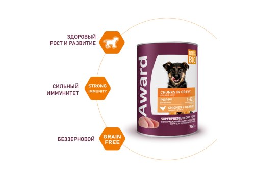Award Puppy / Влажный корм Авард Консервы для Щенков Кусочки с Курицей и морковью конс (цена за упаковку)