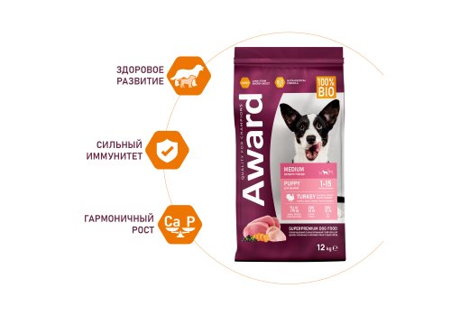 Award Puppy Medium / Сухой корм Авард для Щенков от 1 месяца, беременных и кормящих собак Средних пород Индейка курица морковь черная смородина