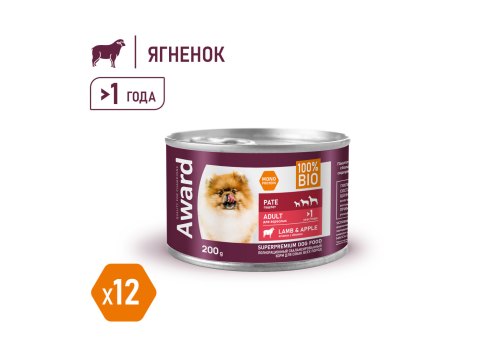 Award Adult / Влажный корм Авард для взрослых собак Паштет из ягненка с яблоком (цена за упаковку)