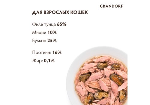 Grandorf Holistic & Hypoallergenic / Консервы Грандорф для кошек филе Тунца с Мидиями (цена за упаковку)