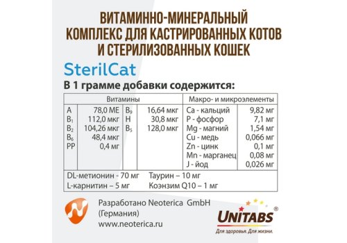 Unitabs SterilCat с Q10 / Витаминно-минеральный комплекс Юнитабс для Кастрированных котов и Стерилизованных кошек