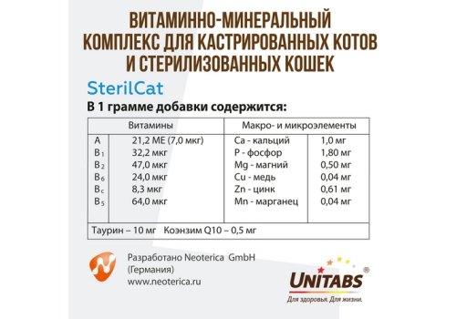 Unitabs SterilCat paste с Q10 / Витаминно-минеральная паста Юнитабс для Стерилизованных кошек и Кастрированных котов