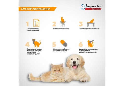 Inspector Quadro Tabs / Таблетки Инспектор от Внешних и Внутренних паразитов для кошек и собак весом от 0,5 до 2 кг