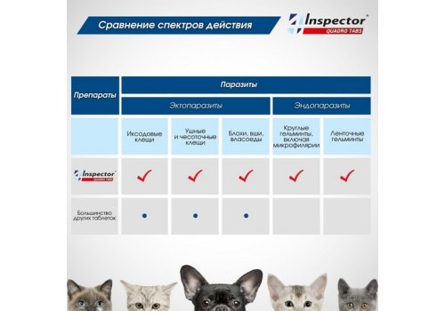 Inspector Quadro Tabs / Таблетки Инспектор от Внешних и Внутренних паразитов для кошек и собак весом от 0,5 до 2 кг