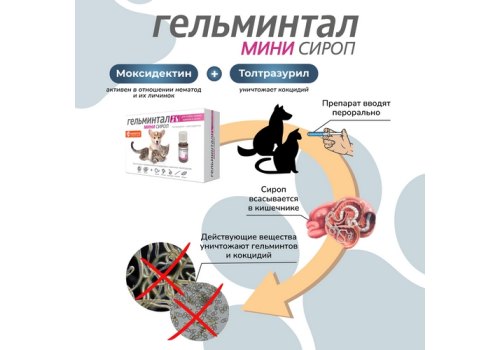 Гельминтал Мини Сироп от Гельминтов для Щенков Котят собак и кошек