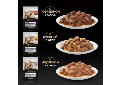 PRO PLAN KITTEN / Влажный корм Паучи ПРО ПЛАН для Котят Ассорти вкусов Говядина в соусе Индейка в соусе Курица в желе (цена за упаковку)