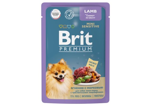 Brit Premium Mini Sensitive / Паучи Брит Премиум для взрослых собак Мелких пород с Чувствительным пищеварением Ягненок с морковью в соусе (цена за упаковку)