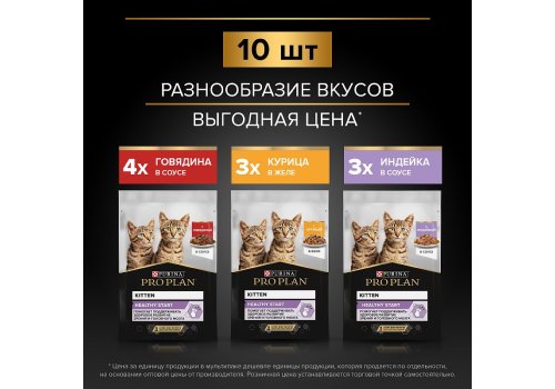 PRO PLAN KITTEN / Влажный корм Паучи ПРО ПЛАН для Котят Ассорти вкусов Говядина в соусе Индейка в соусе Курица в желе (цена за упаковку)