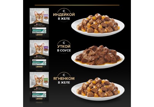 PRO PLAN ADULT / Влажный корм Паучи ПРО ПЛАН для взрослых кошек Ассорти вкусов Индейка, Утка, Ягненок (цена за упаковку)