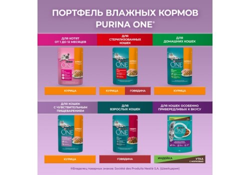 PURINA ONE / Влажный корм Паучи Пурина УАН для кошек особенно привередливых к вкусу индейка утка с морковью (цена за упаковку)