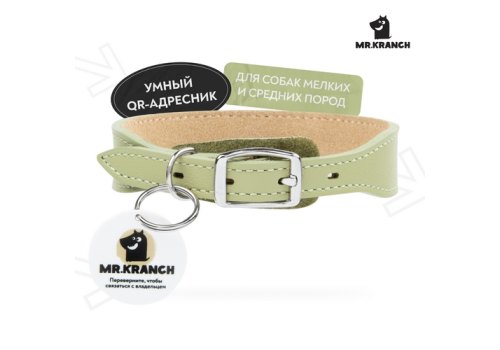 Mr.Kranch / Ошейник Мистер Кранч для собак из Натуральной кожи с QR-адресником Нежно-зеленый
