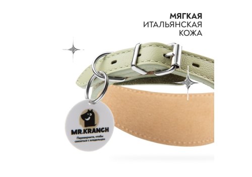 Mr.Kranch / Ошейник-cеледка Мистер Кранч для собак из Натуральной кожи с QR-адресником Нежно-зеленый