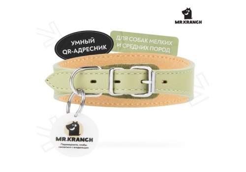 Mr.Kranch / Ошейник-cеледка Мистер Кранч для собак из Натуральной кожи с QR-адресником Нежно-зеленый