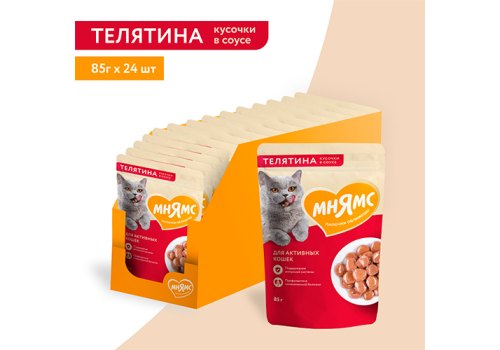 Мнямс Влажный корм Паучи для Активных кошек Кусочки в соусе с Телятиной (цена за упаковку)