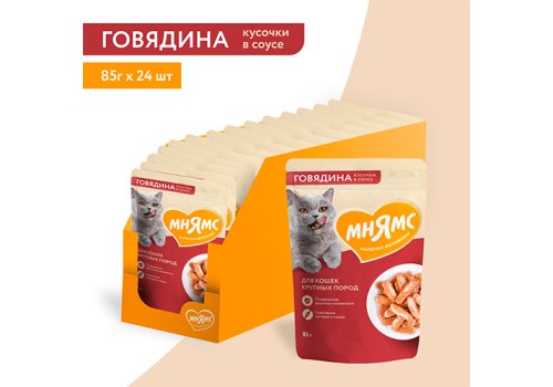 Мнямс Влажный корм Паучи для кошек Крупных пород Кусочки в соусе с Говядиной (цена за упаковку)