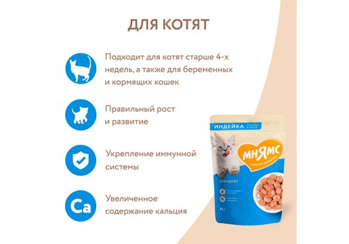 Мнямс Влажный корм Паучи для Котят Кусочки в соусе с Индейкой (цена за упаковку)