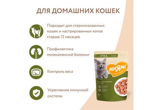 Мнямс Влажный корм Паучи для Домашних кошек Кусочки в соусе с Уткой (цена за упаковку)