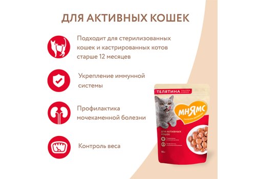 Мнямс Влажный корм Паучи для Активных кошек Кусочки в соусе с Телятиной (цена за упаковку)