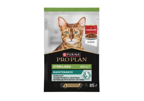 PRO PLAN Sterilised MAINTENANCE / Влажный корм Паучи ПРО ПЛАН (Поддержание естественной защиты организма) для взрослых стерилизованных кошек кусочки с говядиной в желе (цена за упаковку)