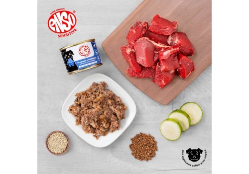 Enso Sensitive / Консервы Энсо для взрослых собак Рубленое филе Телятины с гречкой и кабачком (цена за упаковку)