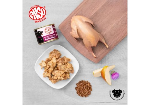 Enso Sensitive / Консервы Энсо для взрослых собак поддержание здоровья печени Рубленое мясо перепелки с гречкой и грушей (цена за упаковку)