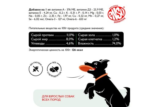 Enso Sensitive / Консервы Энсо для щенков беременных и кормящих собак всех пород Рубленое мясо Ягненка с гречкой и овощами (цена за упаковку)