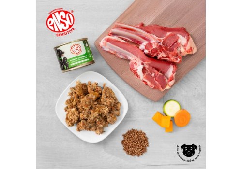 Enso Sensitive / Консервы Энсо для щенков беременных и кормящих собак всех пород Рубленое мясо Ягненка с гречкой и овощами (цена за упаковку)