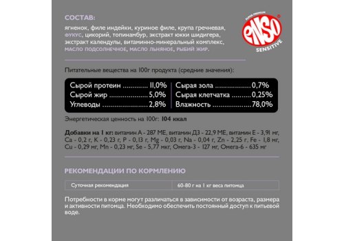 Enso Sensitive / Консервы Энсо для взрослых собак поддержание здоровья кожи и красоты шерсти Рубленое мясо ягненка с гречкой (цена за упаковку)