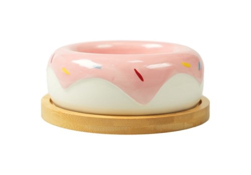 Mr.Kranch Bamboo / Миска Мистер Кранч Керамическая Пончик розовая на бамбуковой подставке