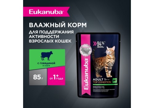 Eukanuba Adult Beef / Паучи (Влажный корм) Эукануба для взрослых кошек в возрасте от 1 года до 7 лет с Говядиной (цена за упаковку)