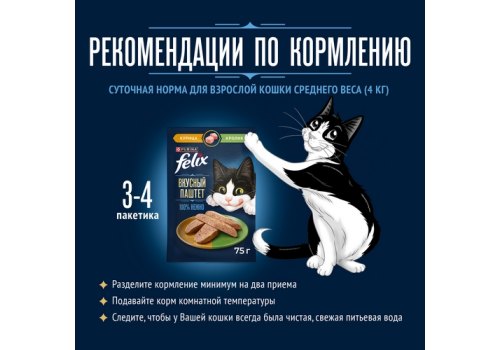 FELIX ВКУСНЫЙ ПАШТЕТ / Влажный корм Паучи Феликс Вкусный паштет для взрослых кошек с курицей и кроликом (цена за упаковку)