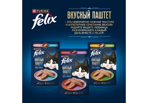 FELIX ВКУСНЫЙ ПАШТЕТ / Влажный корм Паучи Феликс Вкусный паштет для взрослых кошек с курицей и кроликом (цена за упаковку)