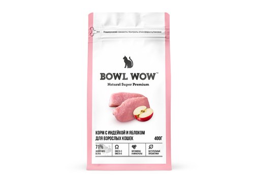 BOWL WOW / Сухой корм Боул Вау для Взрослых кошек с Индейкой и яблоком