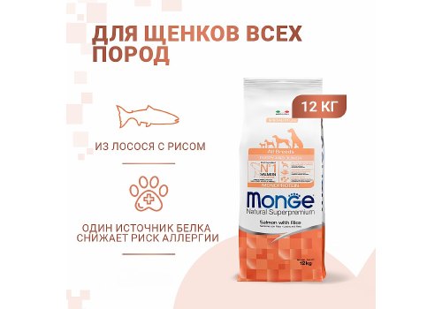 Monge Dog Monoprotein Puppy & Junior Salmon with rice / Сухой корм Монж для Щенков всех пород Лосось с рисом