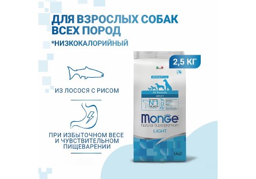 Monge Dog Speciality Light Salmon & Rice / Сухой корм Монж Спешиалити для собак всех пород Низкокалорийный Лосось с рисом