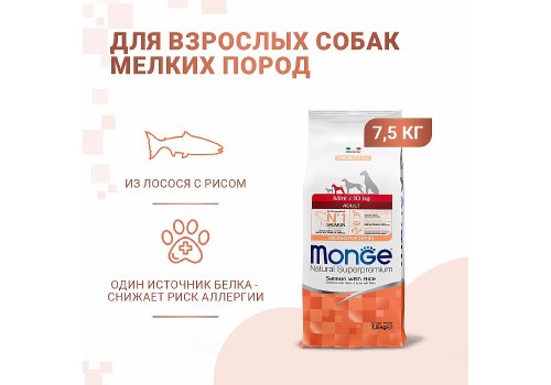 Monge Dog Monoprotein Speciality Mini Salmon & Rice / Сухой корм Монж для взрослых собак Мелких пород Лосось с рисом