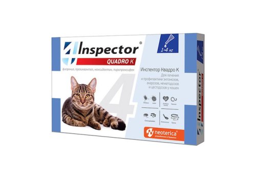 Inspector Quadro К / Капли Инспектор от Внешних и Внутренних паразитов для кошек весом от 1 до 4 кг Inspector Quadro К / Капли Инспектор от Внешних и Внутренних паразитов для кошек весом от 1 до 4 кг