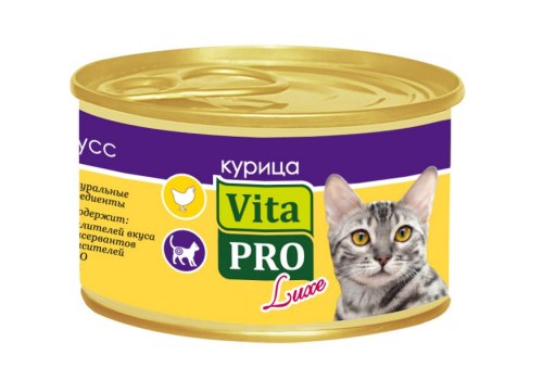 Vita Pro Luxe / Консервы Вита Про для кошек от 1 года Мусс Курица (цена за упаковку) Vita Pro Luxe / Консервы Вита Про для кошек от 1 года Мусс Курица (цена за упаковку)