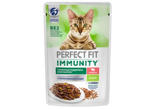 Perfect Fit Immunity / Паучи Перфект Фит для взрослых кошек для Поддержания иммунитета с семенами льна и Говядиной в желе (цена за упаковку) Perfect Fit Immunity / Паучи Перфект Фит для взрослых кошек для Поддержания иммунитета с семенами льна и Говядиной в желе (цена за упаковку)