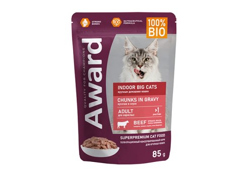 Award Indoor big cats / Влажный корм Паучи Авард для взрослых кошек Крупных пород Кусочки в соусе с Говядиной (цена за упаковку) Award Indoor big cats / Влажный корм Паучи Авард для взрослых кошек Крупных пород Кусочки в соусе с Говядиной (цена за упаковку)