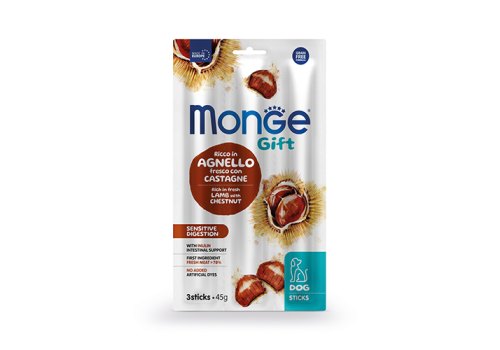 Monge Gift Sensitive digestion Sticks / Лакомство Монж для собак с Чувствительным пищеварением Мягкие палочки с Ягненком и каштаном Monge Gift Sensitive digestion Sticks / Лакомство Монж для собак с Чувствительным пищеварением Мягкие палочки с Ягненком и каштаном
