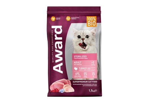 Award Adult Sterilized / Сухой корм Авард для взрослых Стерилизованных кошек Индейка курица клюква цикорий Award Adult Sterilized / Сухой корм Авард для взрослых Стерилизованных кошек Индейка курица клюква цикорий