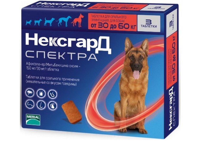 Merial Фронтлайн НексгарД Спектра Таблетки жевательные для собак весом 30 -  60 кг 1 х 3 шт купить в Москве по низкой цене 3 850₽ | интернет-магазин  ZooMag.ru